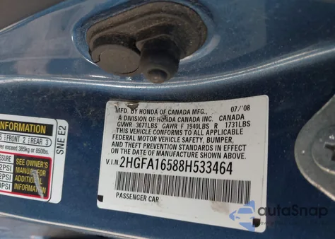 2008 Honda Civic Lx z USA, uszkodzony, nr VIN 2HGFA16588H533464